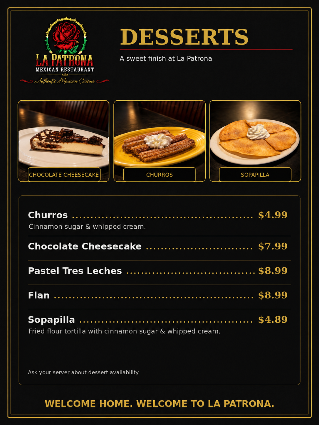 La Patrona dessert menu preview