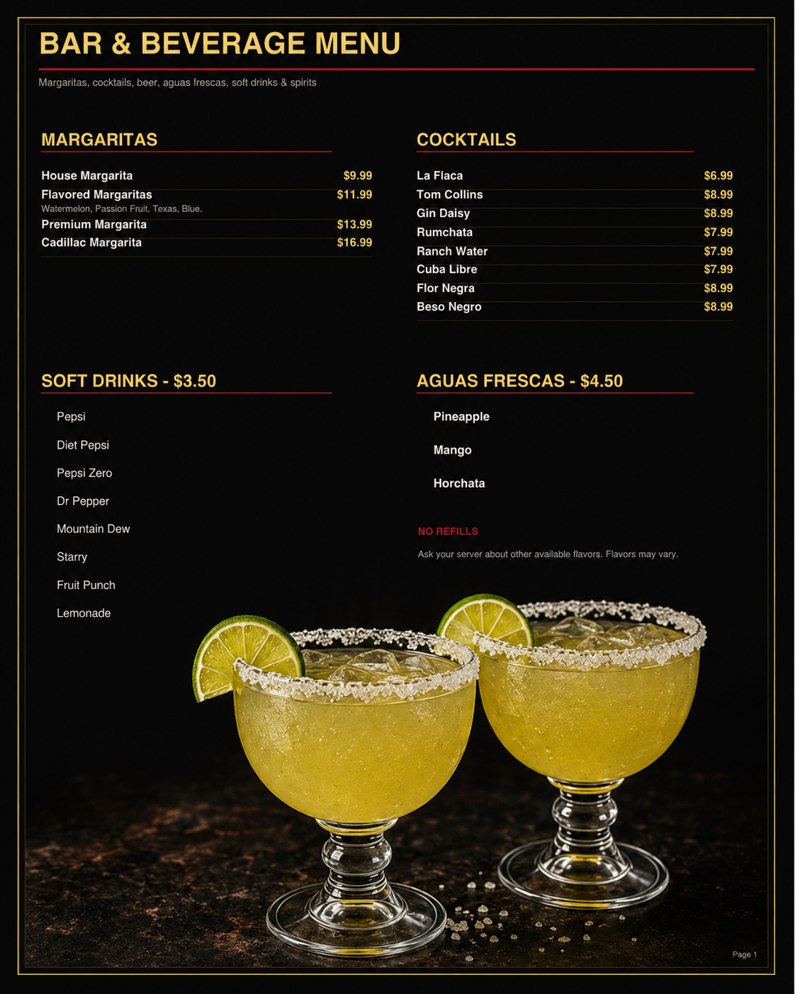 La Patrona margaritas and cocktails menu