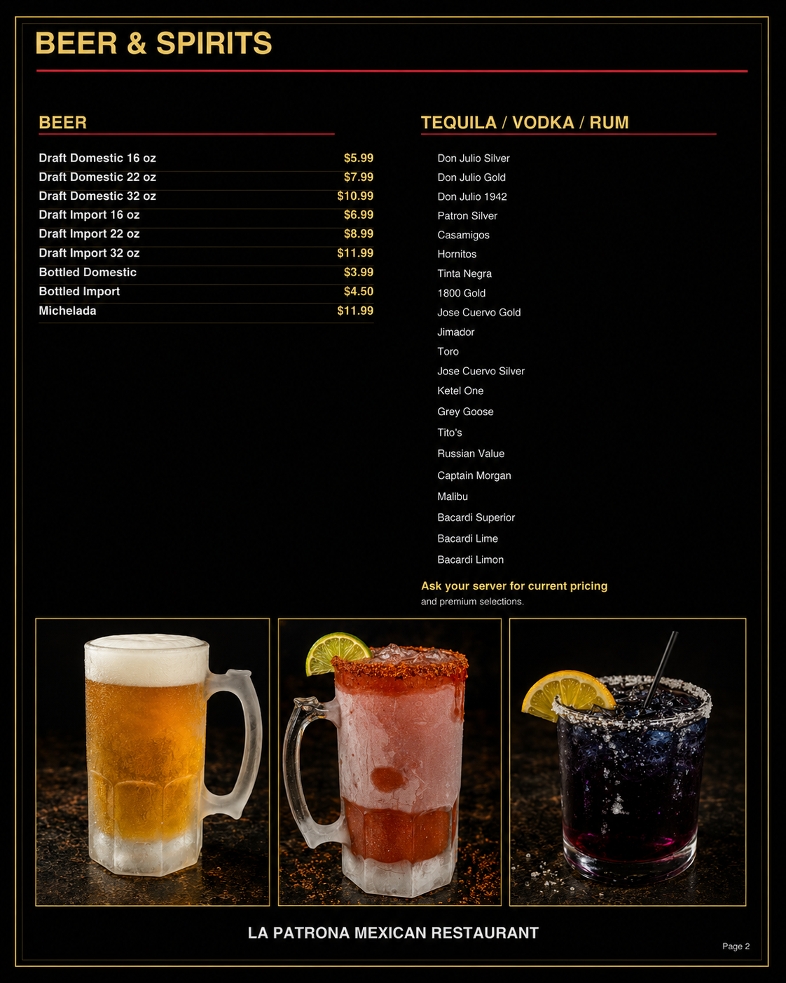 La Patrona bar and beverage menu preview